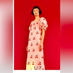 NWT Farm Rio Cherry Cross Stitch Midi Dress in Light Pink